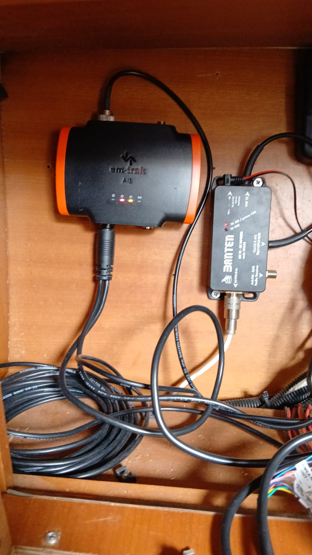 AIS transponder and antenna splitter installed on board