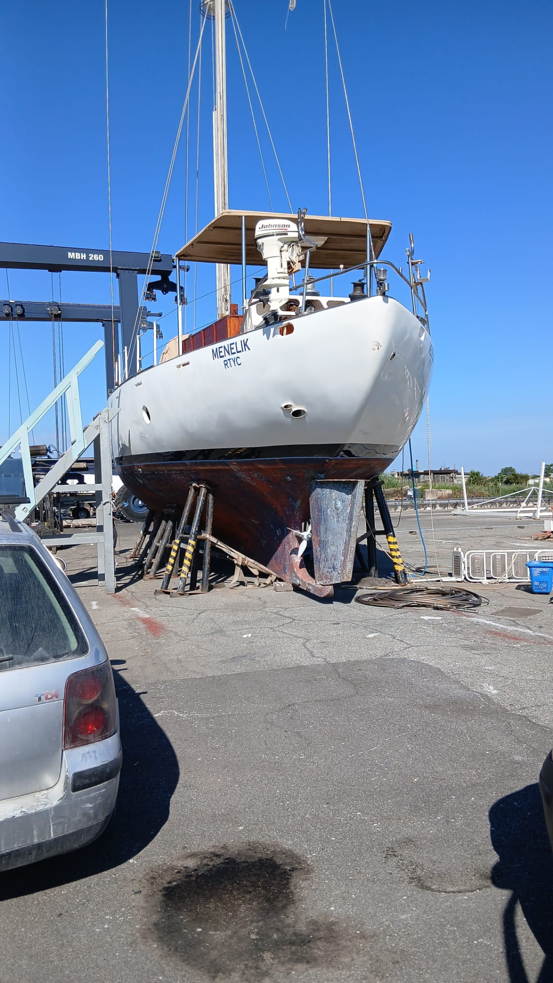 Sailing yacht stored ashore in an Italian boatyard