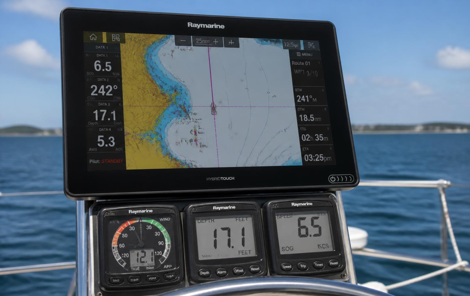 Raymarine chartplotter and instruments mounted on the helm pedestal of a sailing yacht